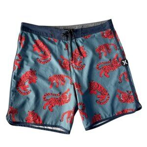 Hurley Phantom Men's Sz 34 Blue W/ Orange Tiger Print Boardshorts Board Shorts